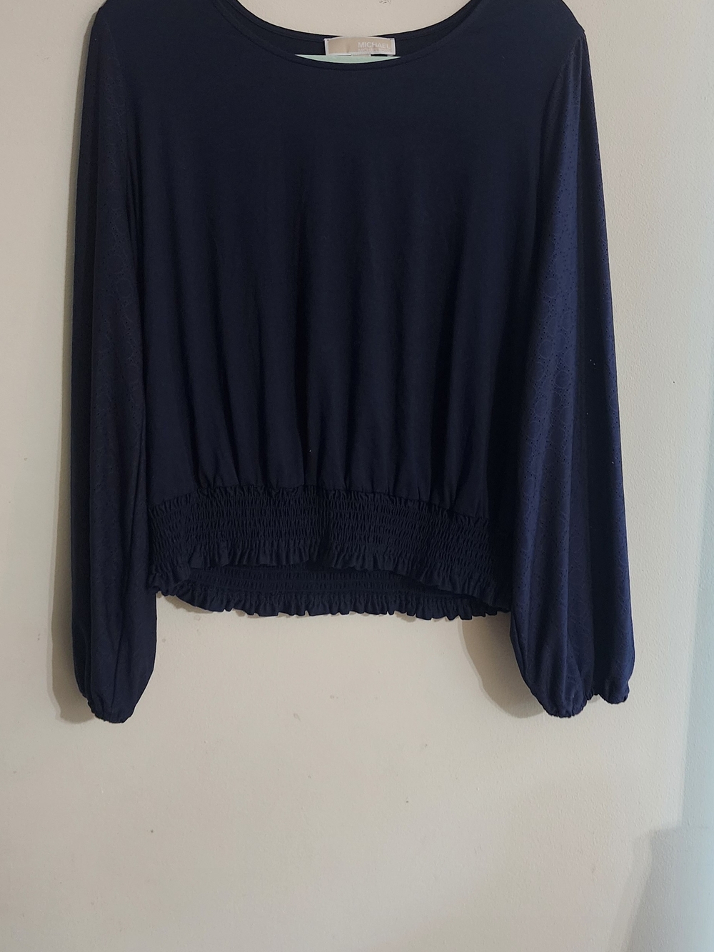 MICHAEL Michael Kors Navy Blue Eyelet Long Sleeve Smocked Waist Blouse Size XL
